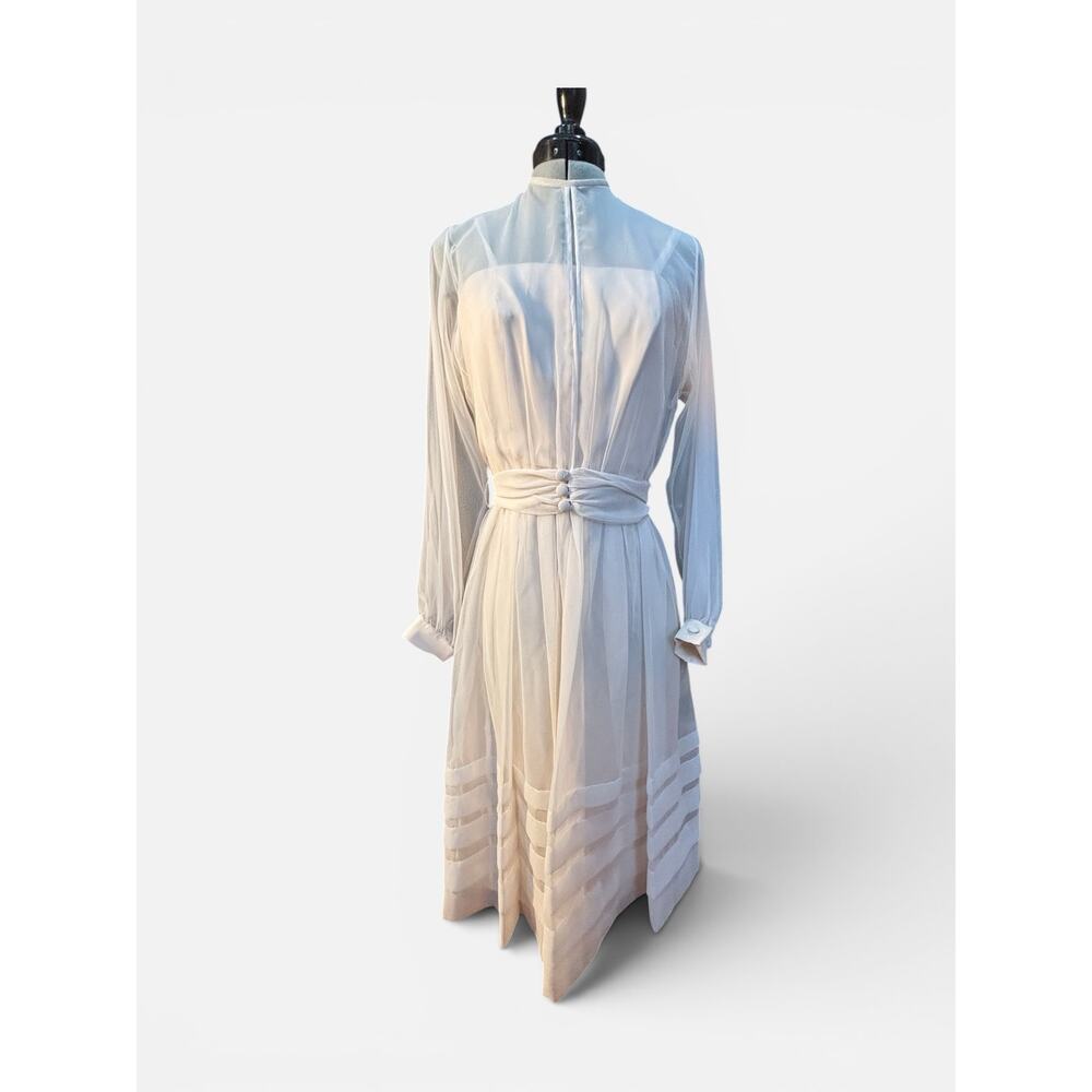 Sheer Ivory Prairie Dress 70s Mannequin Design Lace Waist Buttons ILGWU Midi